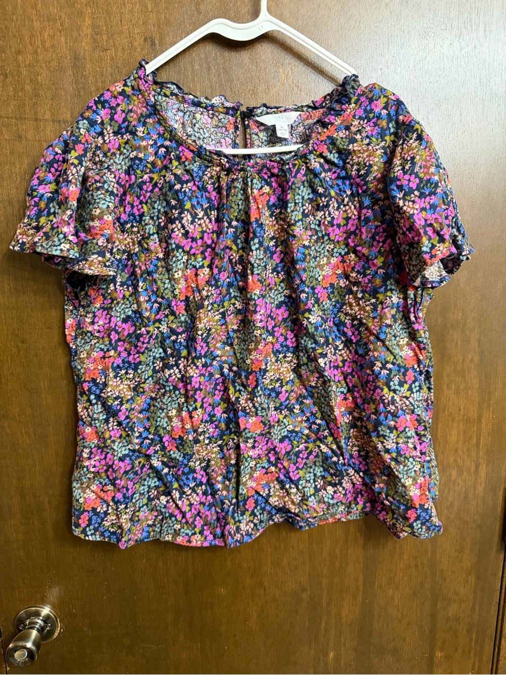 Time and Tru Black Floral Short-Sleeve Peasant Top
